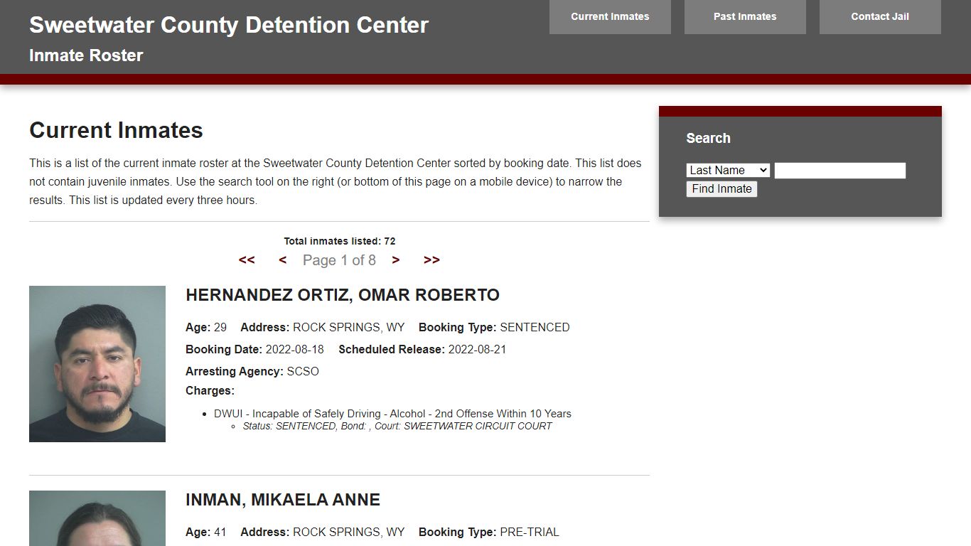 Jail Roster - Sweetwater Combined Communications Joint Powers Board